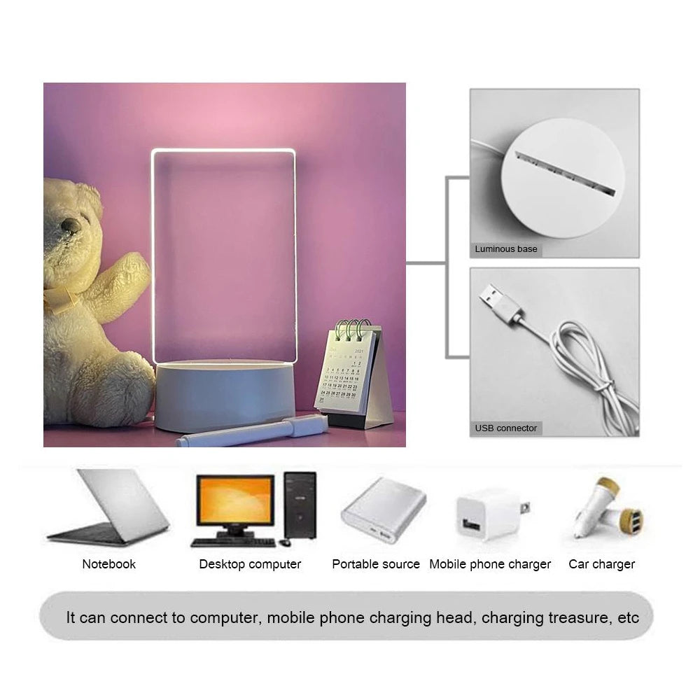 LED Message Board Night Light – USB Acrylic Writing Lamp for Bedroom, Desk & Gifts