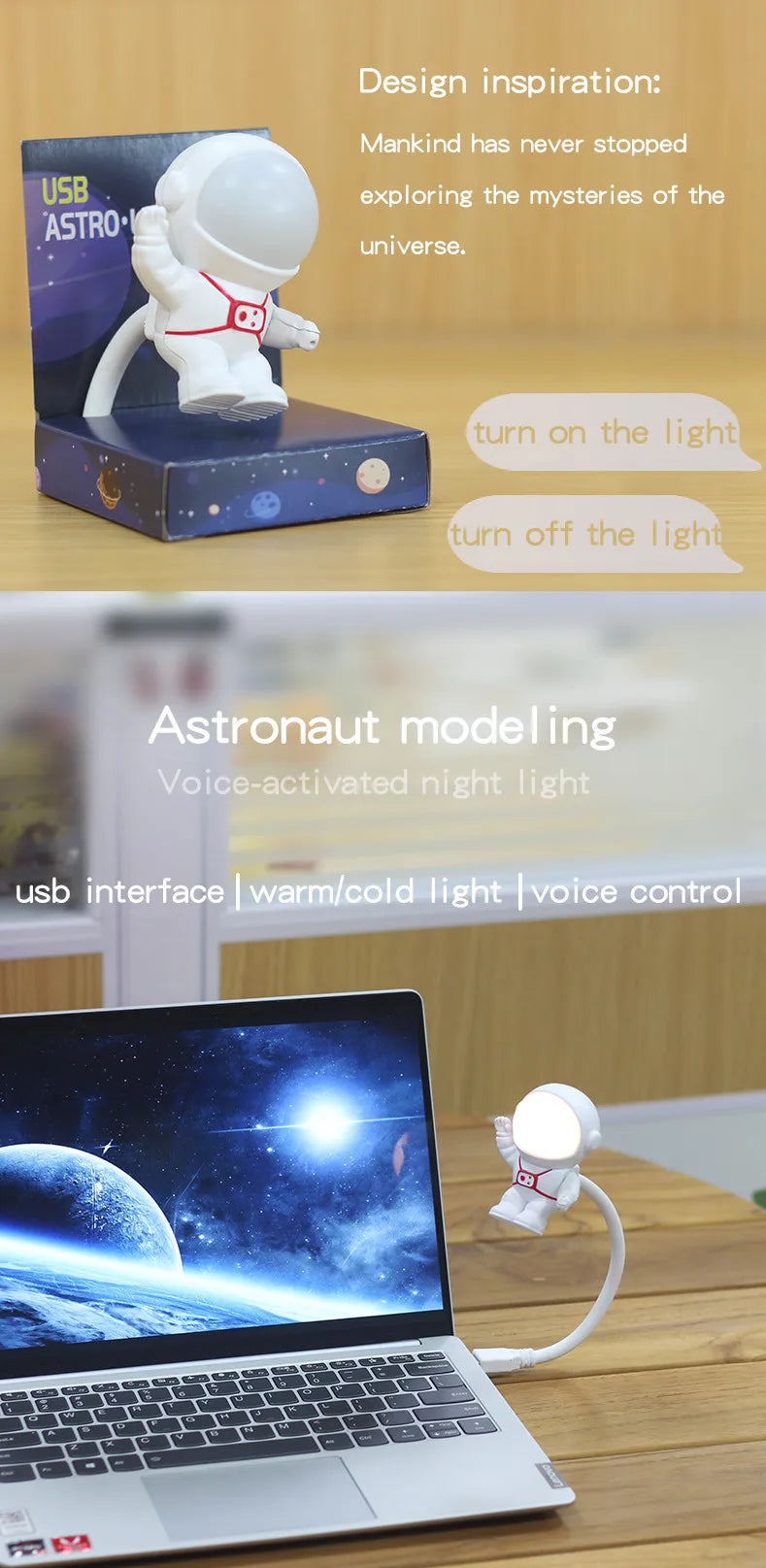 Astronaut USB Night Light – Voice Control LED Desk Lamp for Bedroom, Reading & Gifts